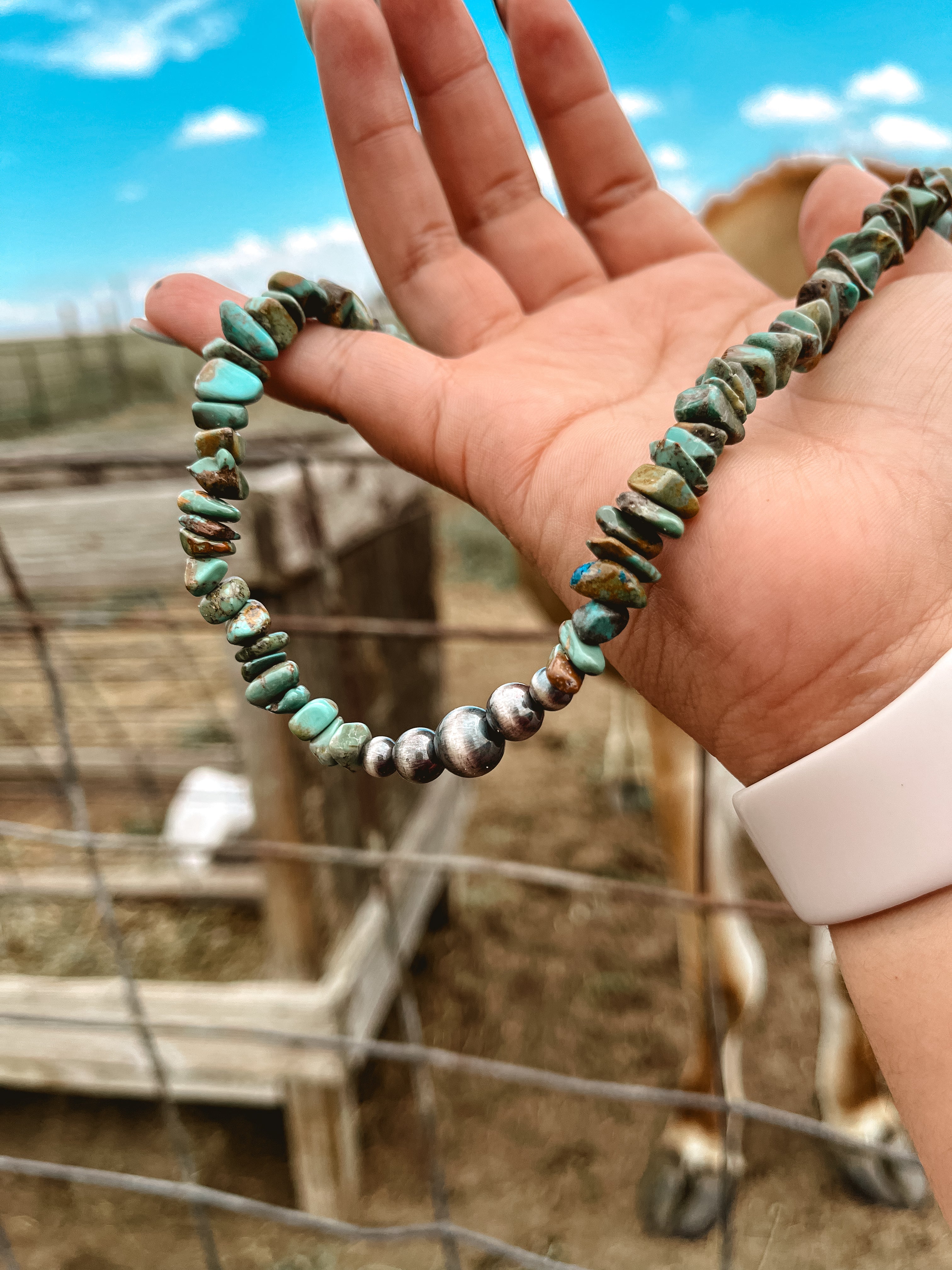 Turquoise nugget & graduated sterling pearl necklace