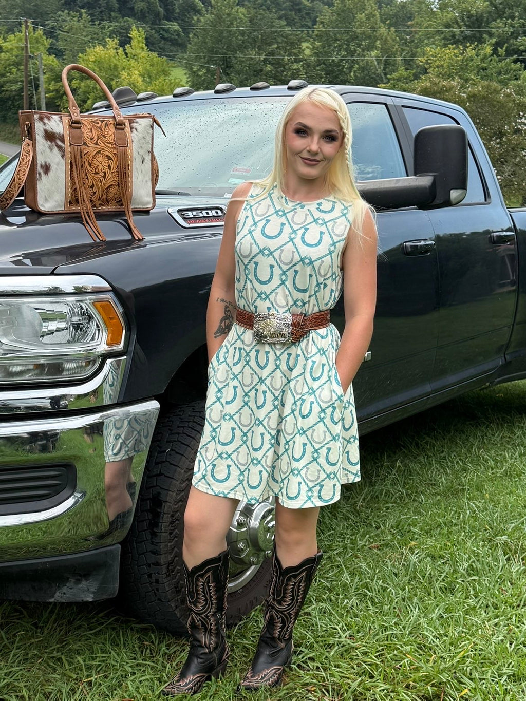 Teal Horseshoe sleeveless dress