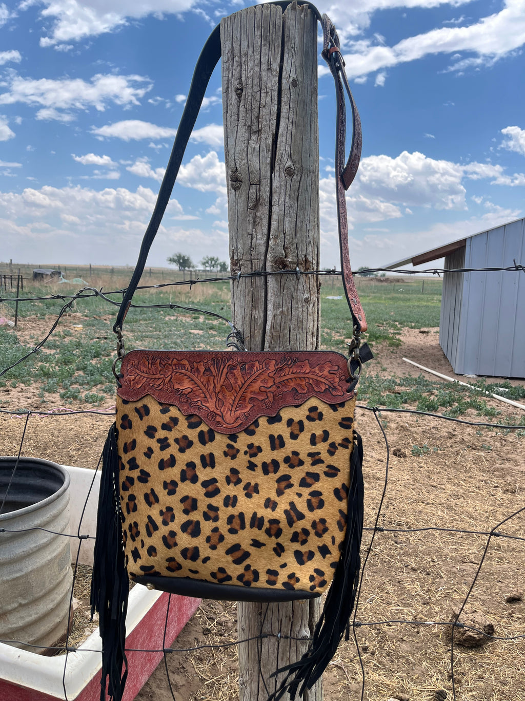 Cowhide leopard painted bag