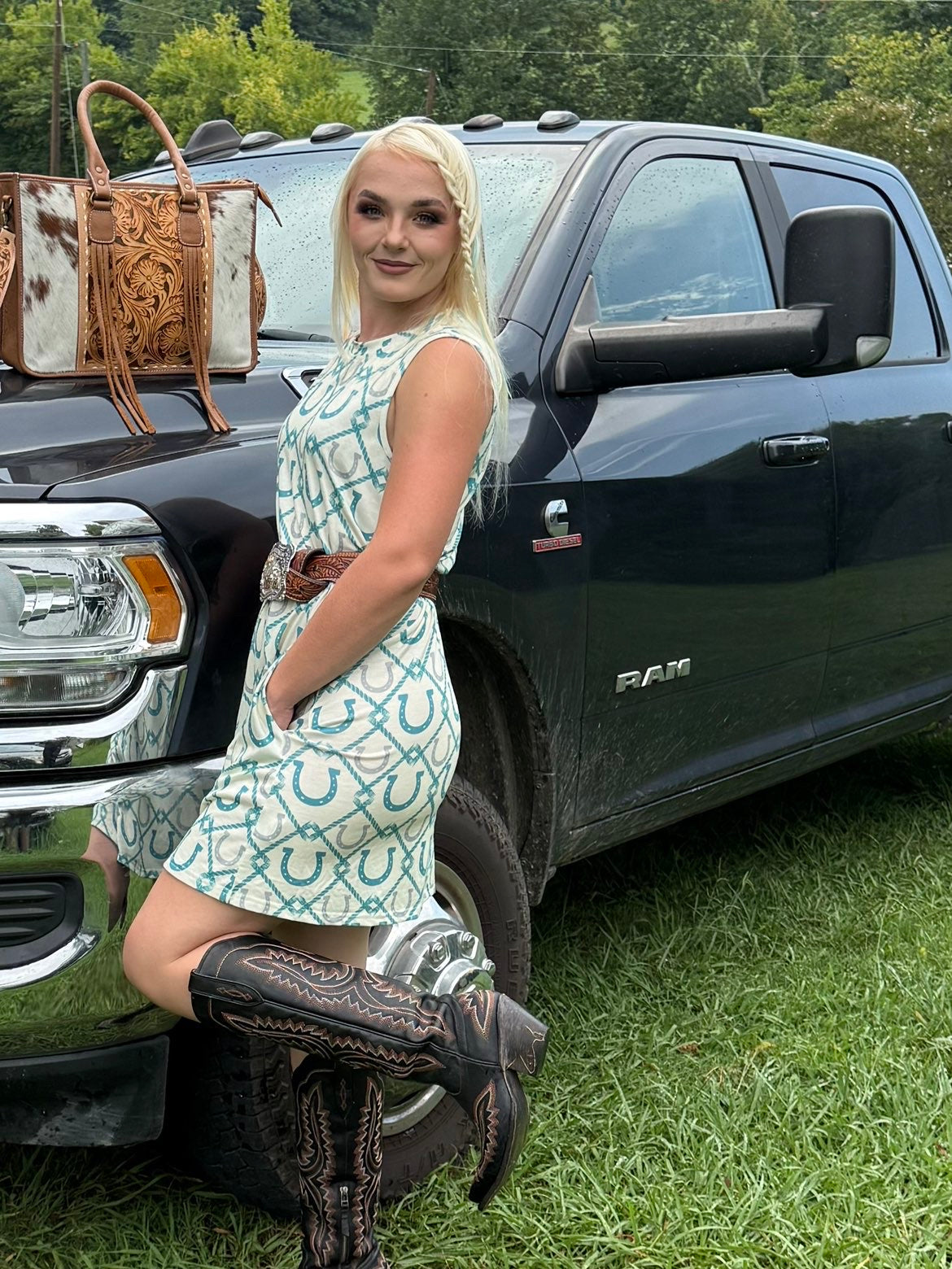 Teal Horseshoe sleeveless dress